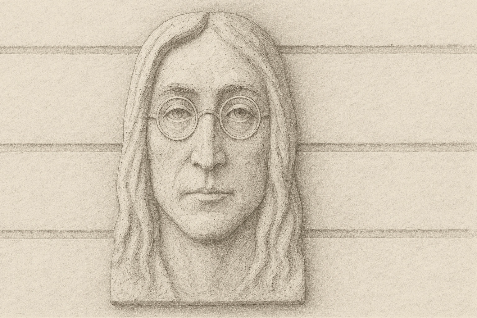 Stone relief portrait of John Lennon with glasses, inspired by the Lennon Wall in Sofia